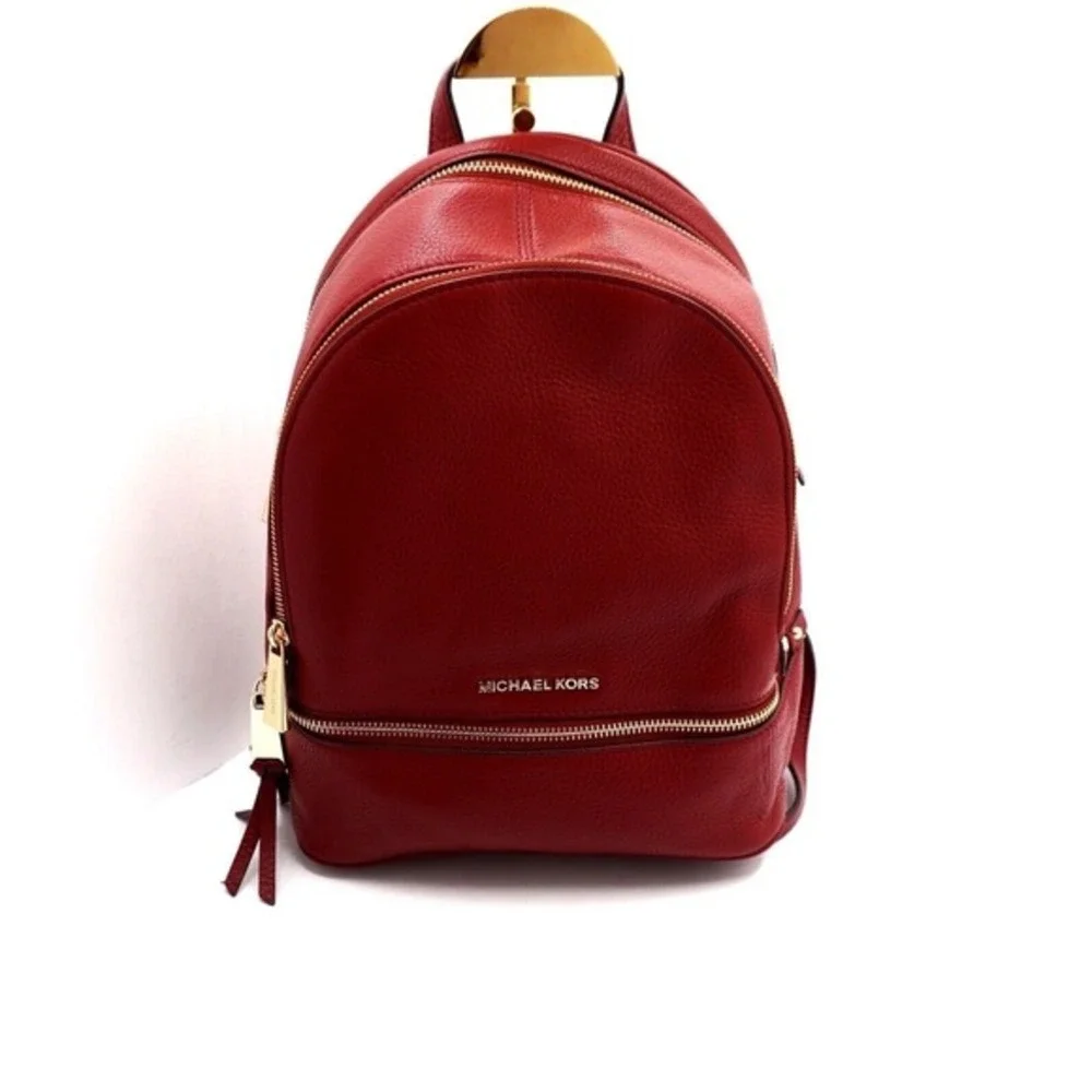 Michael Kors‎ Rhea Medium Pebbled Leather Backpack Burgundy Gold Hardware 37-08